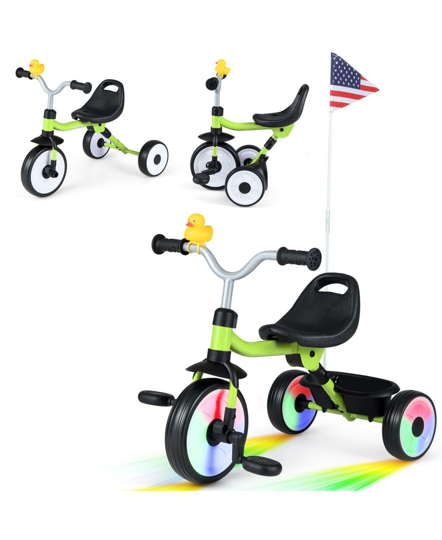 Детская игрушка Mecale Toddler Tricycle, 3-in-1 Convertible with LED Wheels and Storage Basket, Ages 3+, цвет: Зелёный — фото 1