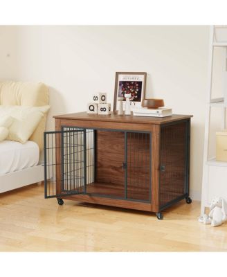 38.6" Dog Crate Furniture with Wheels, 2-Door Heavy Duty Indoor Kennel & End Table for Small Dogs