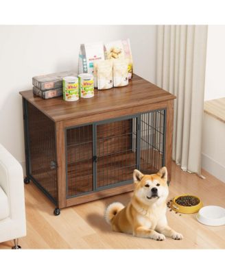 38.6" Dog Crate Furniture with Wheels, 2-Door Heavy Duty Indoor Kennel & End Table for Small Dogs