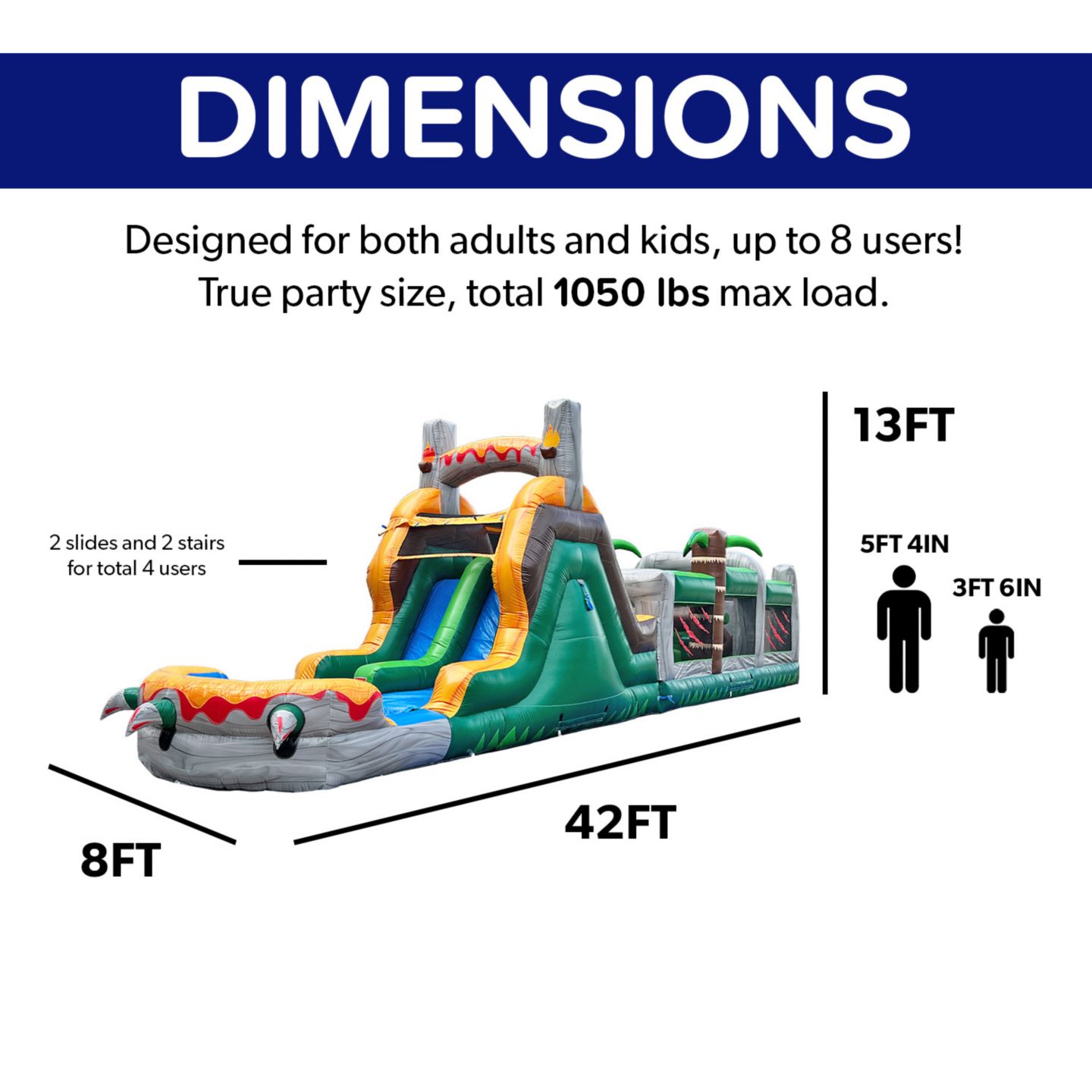 Детская игрушка HeroKiddo T-Rex Adventure 42"L x 8"W x 13"H Commercial Grade PVC Vinyl with Water Slide Inflatable Obstacle Course, Ages 3+ — фото 2