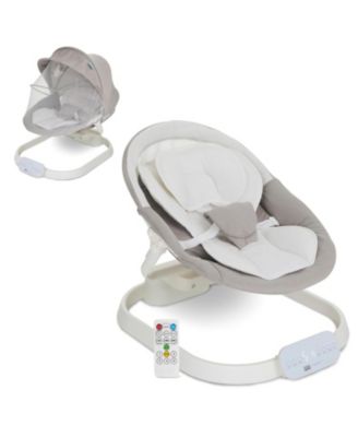 Baby evolur Comfort Cocoon Swing: TUYA voice control, 5-speed sway with remote. Features touchscreen music, removable canopy, toys, and 5-point harness.