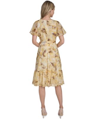 Women's Flutter-Sleeve Floral Print Midi Dress