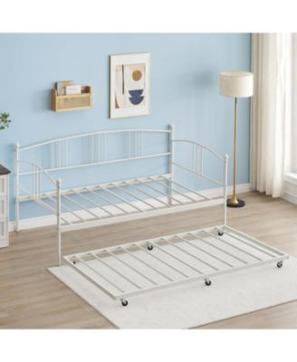 Twin Metal Daybed with Trundle, Pullout Trundle Bed Frame with Arched Headboard, Guest Sofa Bed with Steel Slat Support, No Box Spring Required