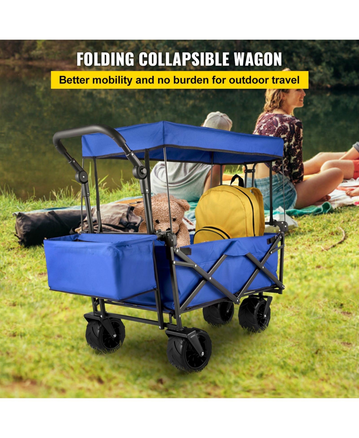 Mecale Extra Large Folding Wagon with Removable Canopy & Rear Storage, All-Terrain Utility Cart, Blue
