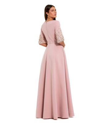 Women's 3/4 Sleeve Crepe Gown With Sleeve Embellishments