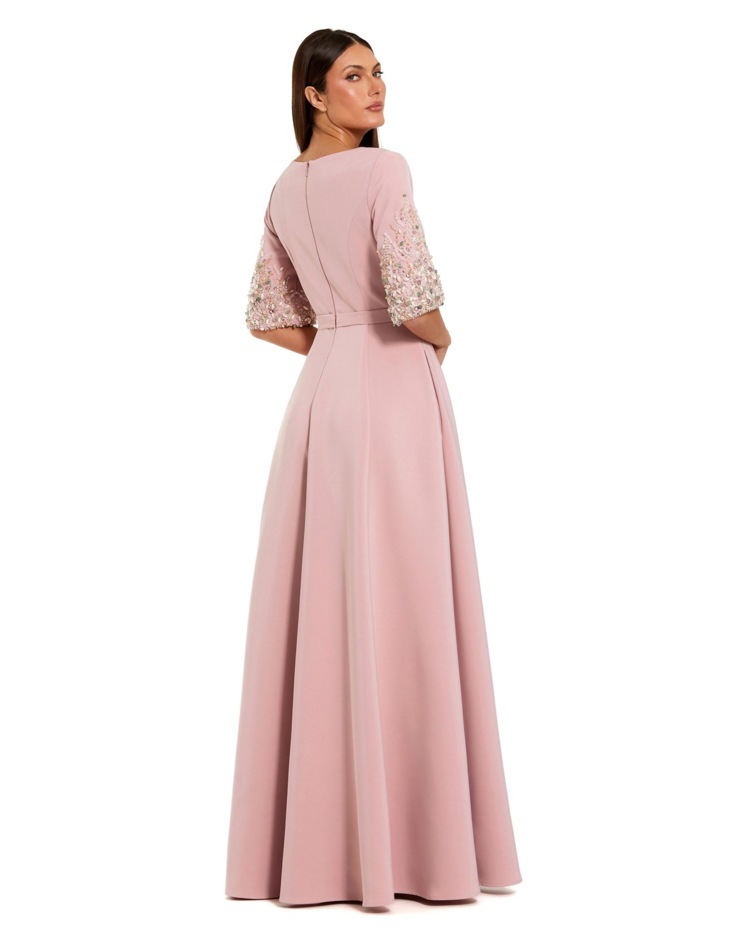 Women's 3/4 Sleeve Crepe Gown With Sleeve Embellishments