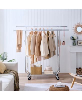 Double Clothing Garment Rack, Double Rod Rolling Clothing Rack, Portable Collapsible Hanging Rack with Shelves, Capacity 800lbs for Bedroom
