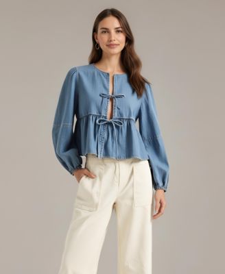 Women's Roma Denim Tie-Front Peplum Blouse