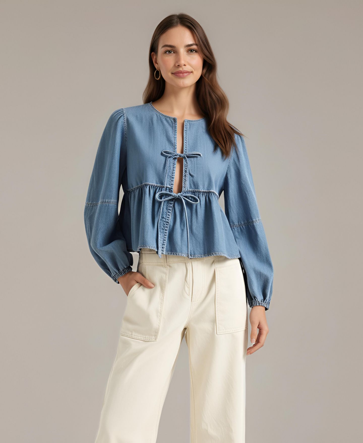 Женская блузка Modenaire Roma Denim Tie-Front Peplum, цвет: Светлый синий — фото 1