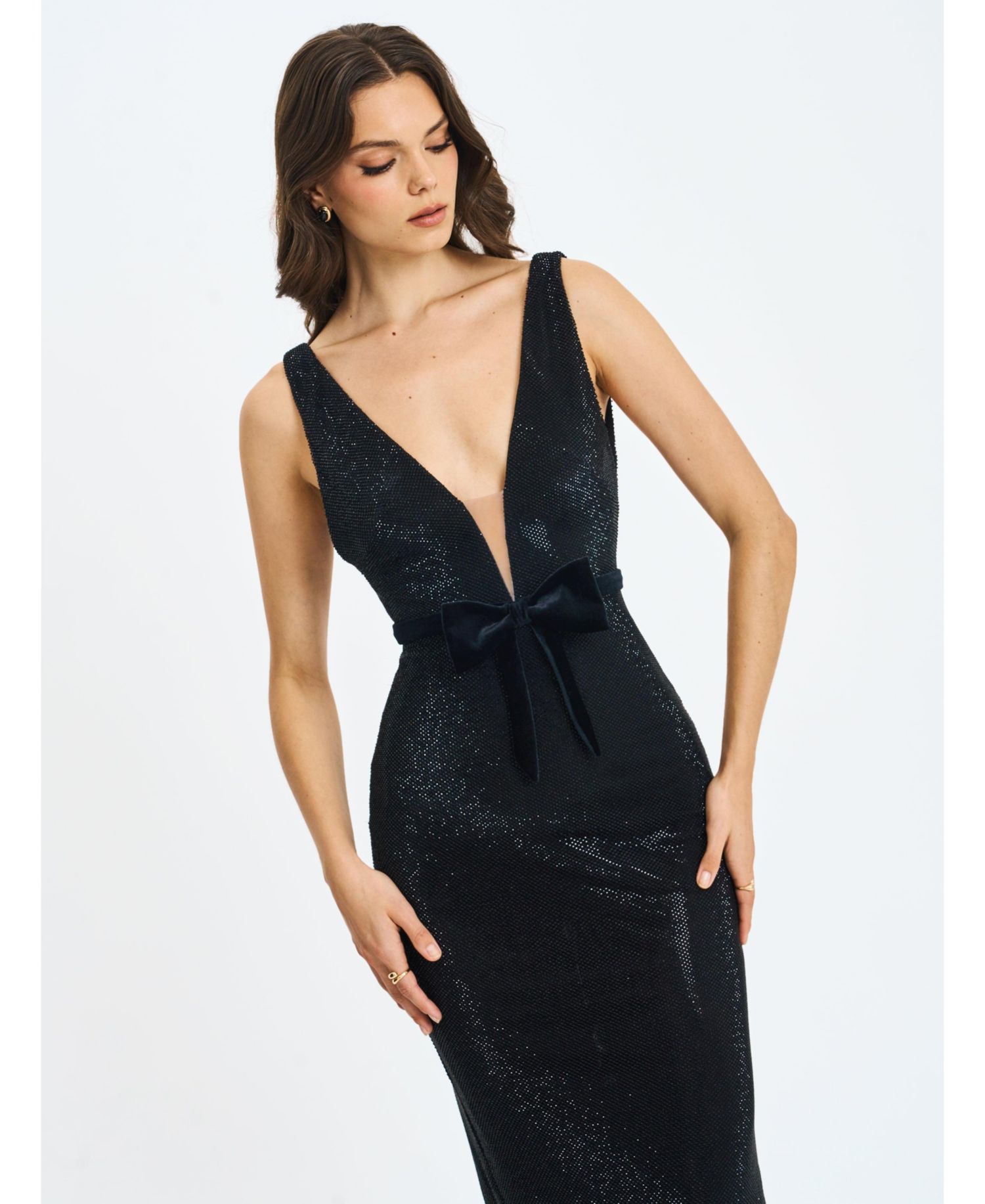 Women's Olympia Belted Bow Plunging Rhinestone Maxi Dress