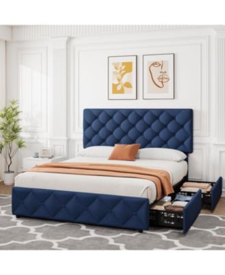 Full Size Bed Frame with 4 Storage Drawers and Adjustable Headboard, Linen Upholstered Platform Beds