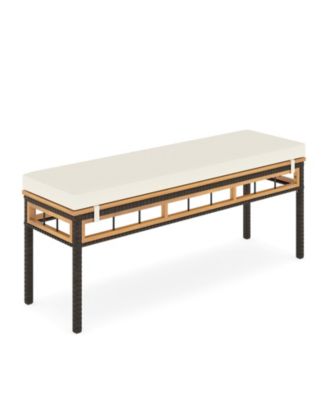 48'' Wicker Patio Bench w/Acacia Wood Seat Removable Padded Cushion for Garden Outdoor