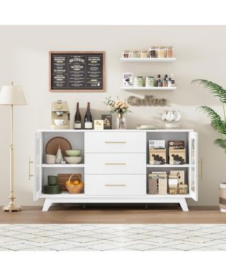 Modern Farmhouse Buffet Storage Cabinet with Glass Door, 56" Large Sideboard Cabinet with Door/3 Drawers/Adjustable Shelf, Wood Coffee