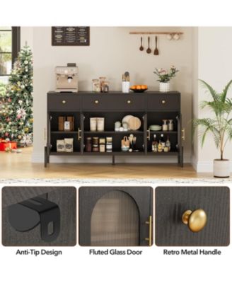 Buffet Cabinet with Storage, 62" Large Sideboard, Wooden Cabinet With 3 Drawers and 4 Fluted Glass Doors, Coffee Bar Table for Kitchen