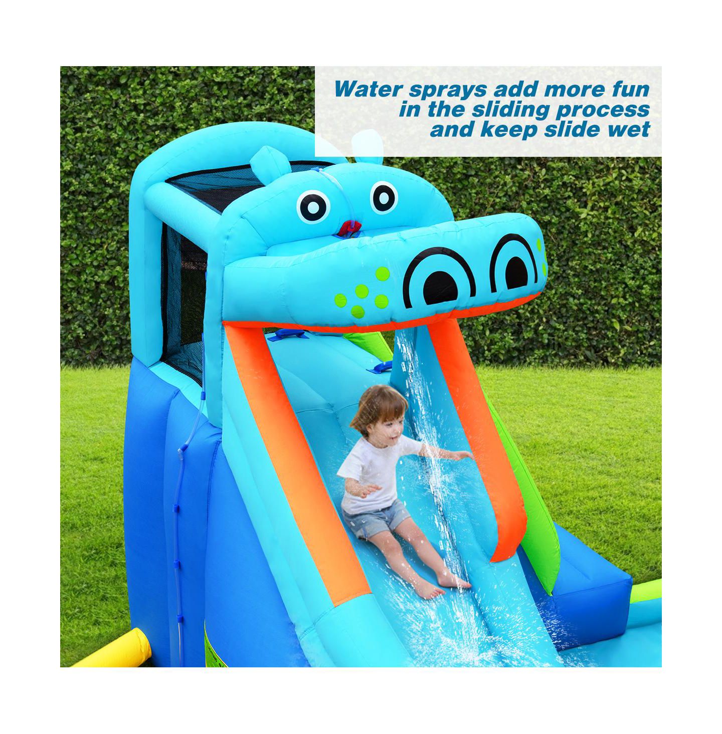 Детская игрушка Costway Inflatable Kids Hippo Bounce House Slide Climbing Wall Splash Pool w/, цвет: Синий — фото 11