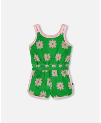 Big Girls Terry Cloth Sleeveless Jumpsuit Green Printed Flowers