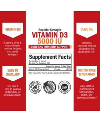 Vitamin D3 5000 IU (125 mcg) Natural Immune Support Supplement, Bone Strength, Healthy Muscle Function, 360 Softgels