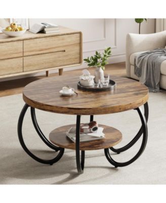 Round Coffee Table 30" Center Table, 2-Tier Coffee Table Industrial Tables with Adjustable Feet, Living Room Tables with Storage Shelf