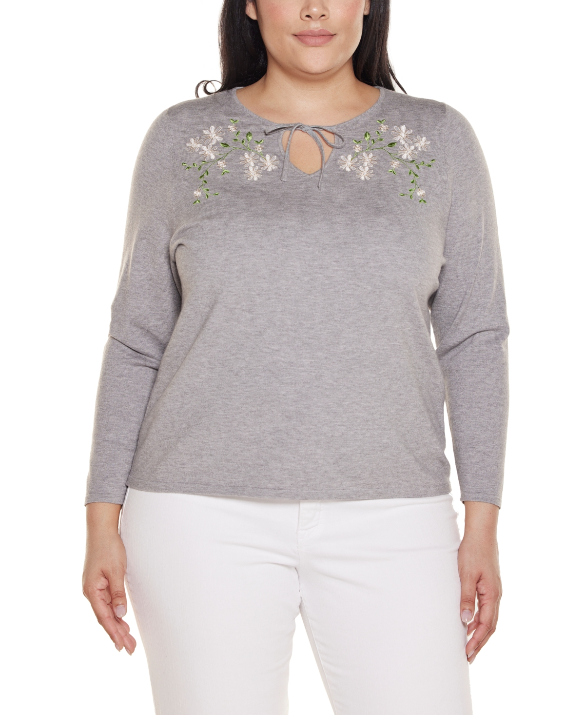 Belldini Plus Embroidered-Flower Split-Neck Sweater