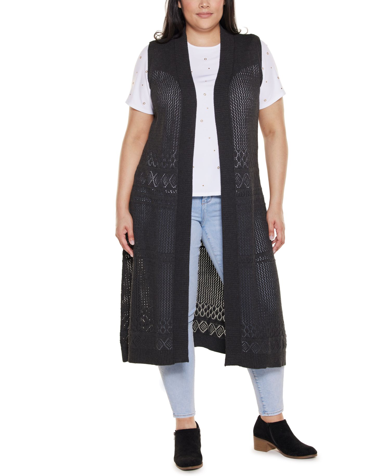 Plus Size Pointelle Sleeveless Duster Cardigan