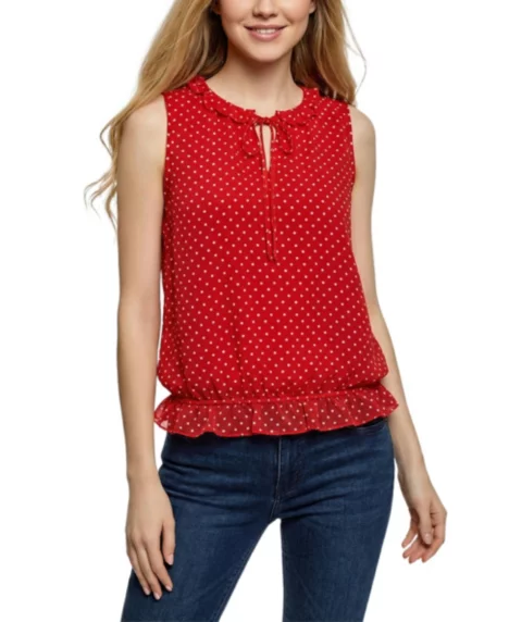 Petite Sleeveless Ruffle Flounced Blouse - Chinese Red White Dots
