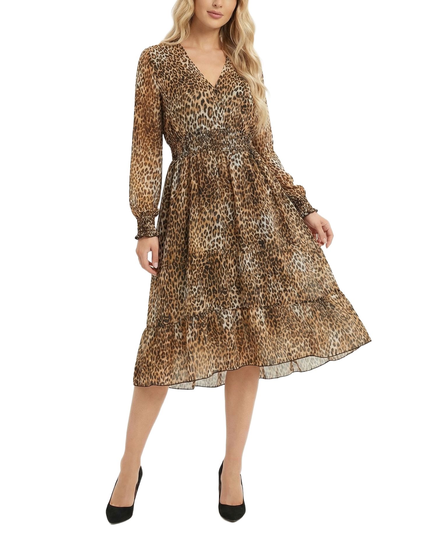 Petite Long-Sleeve Clip Dot Chiffon Dress With Smocked Waist and Cuffs