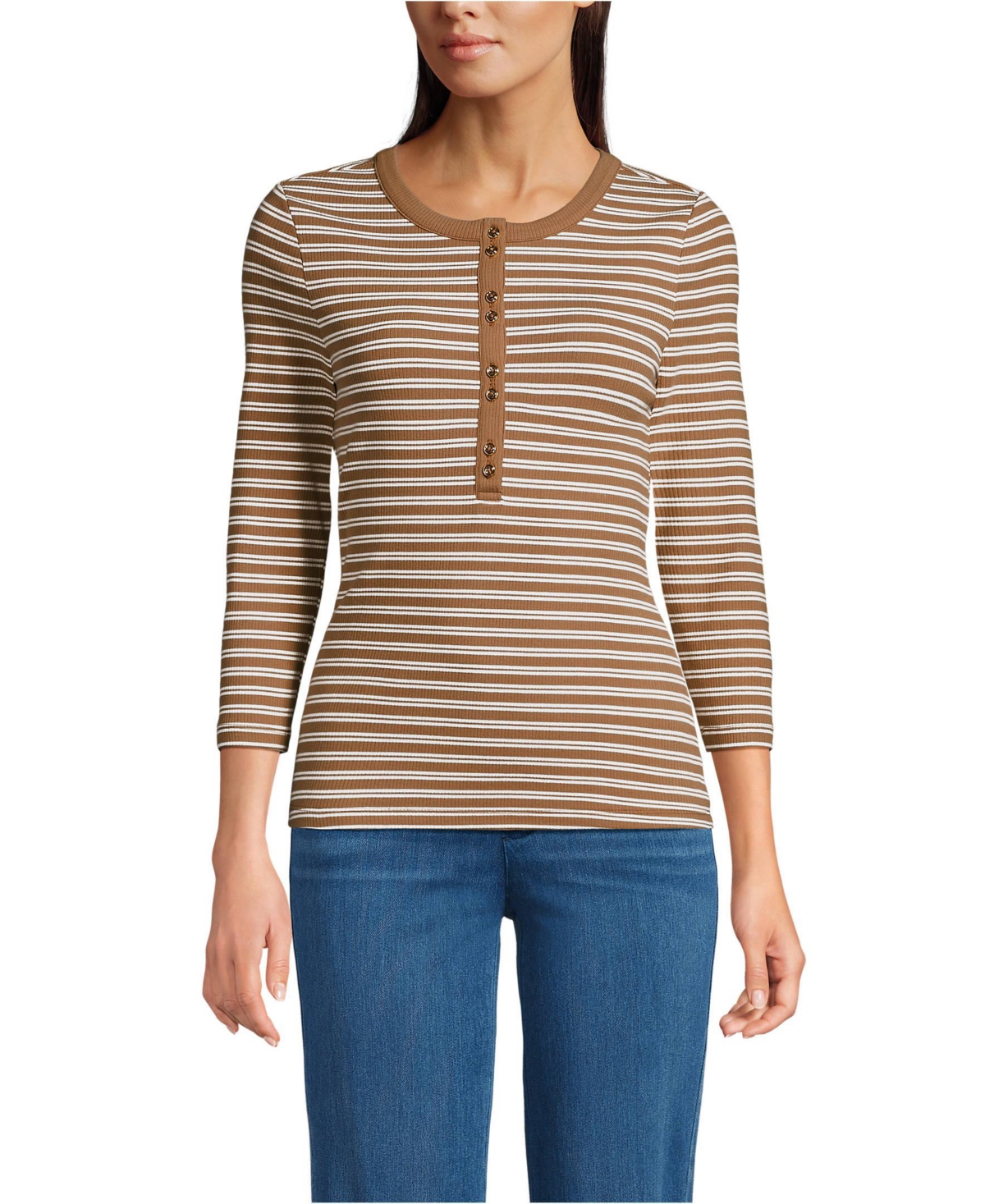 Lands' End Women's 3/4 Sleeve Polished Rib Henley Top