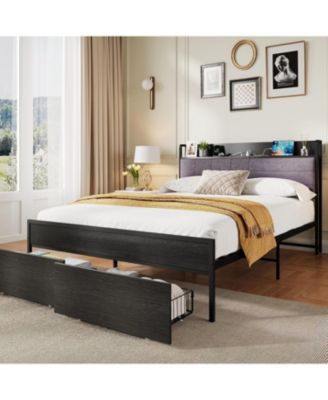 Full Bed Frame with Headboard, Black Platform Bed Frame with Storage, Heavy Duty Bed Frames with 2 Storage Drawers,Bedframe with Charging