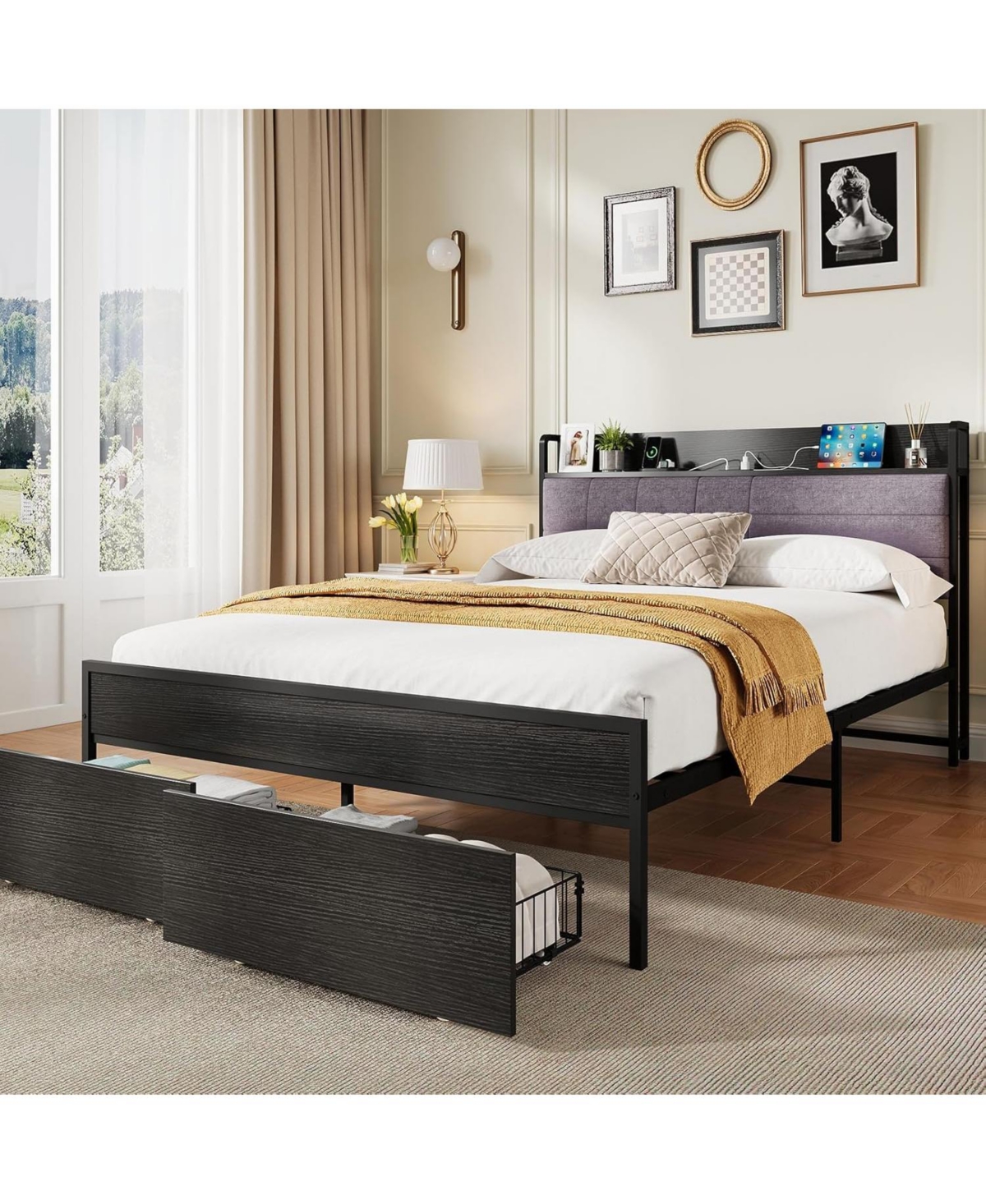 gaomon Full Bed Frame with Headboard, Black Platform Bed Frame with Storage, Heavy Duty Bed Frames with 2 Storage Drawers,Bedframe with Charging