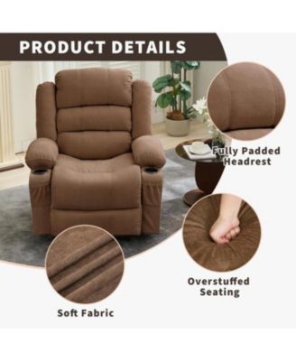 Recliner Chair, Comfy Overstuffed Chair with 3 Reclining Positions, 2 Side Pockets, 2 Front Pockets, Cup Holder