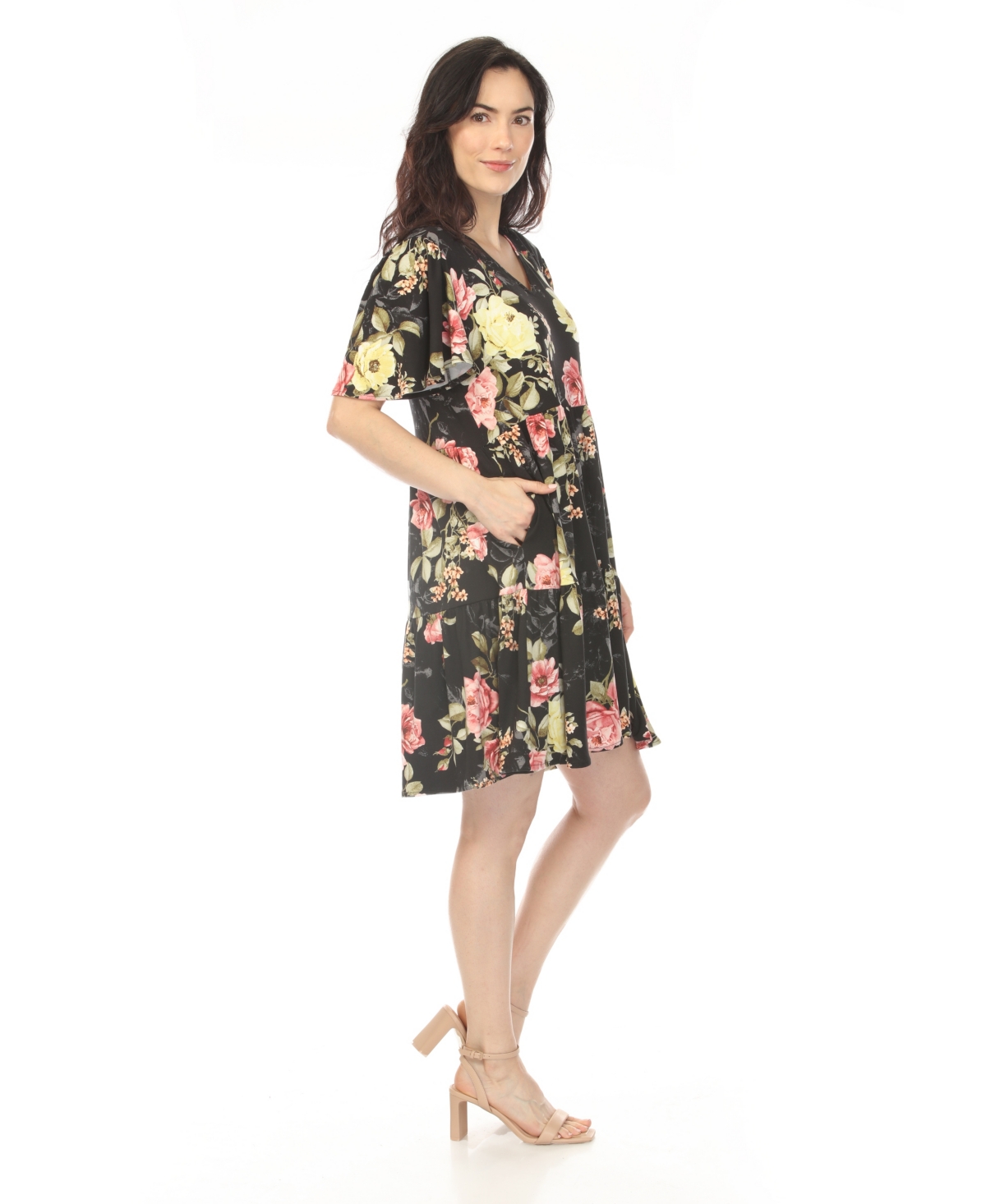 White Mark Women's V-Neck Tropical Flower Short Sleeve Dress