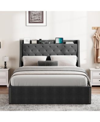 2Pcs Set Upholstered Queen Size Bed Frame with 4 Storage Drawers & Wingback Headboard, USB/Type-C Charging Station, Tufted Design