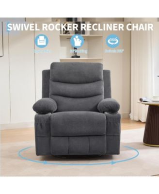 Recliner Chair Nursery, Oversized Manual Reclining Rocking Chair, 360 Swivel Glider with Cup Holder, Massage and Heat Recliner