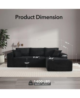 108'' Boneless Sectional Cloud Couches for Living Room L-Shape Corduroy Cloud Sectional Couch with Chaise Modern Modular Sectional Sofa