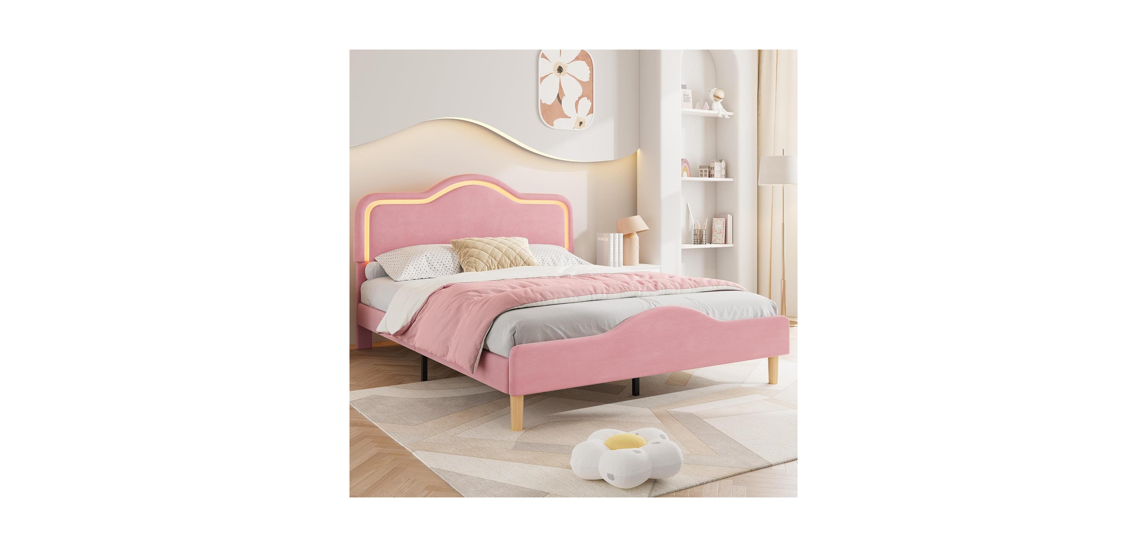 gaomon Queen Size Upholstered Led Bed Frame with Adjustable Headboard and Footboard, Velvet Princess Platform Bedframe for Kids/Girls, Easy Assembly