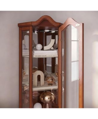 Antique-Style Corner Curio Cabinet with Adjustable Shelves and Light
