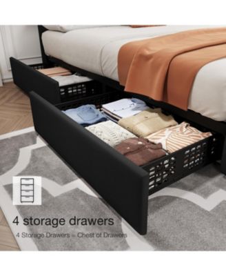 Queen Size Bed Frame with 4 Storage Drawers, Linen Upholstered Platform Bed Frame with Adjustable Headboard