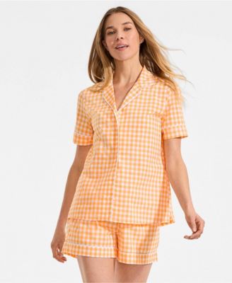 Women's Cotton Poplin 2 Piece Pajama Set - Short Sleeve Top and Shorts
