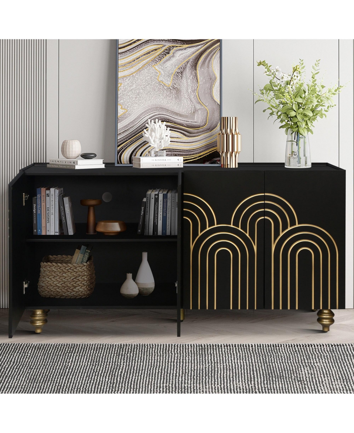Boyel Living Modern Fluted Sideboard Buffet with 4 Doors and Adjustable Shelves for Kitchen Dining Room