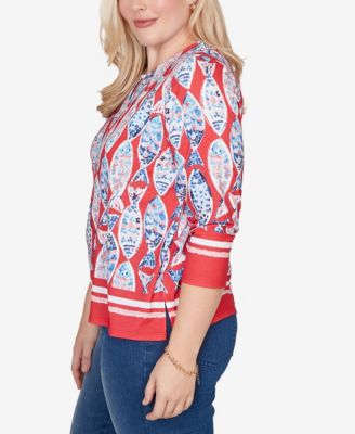 Women's Port Side Mosaic Fish Split Beaded Neck Top