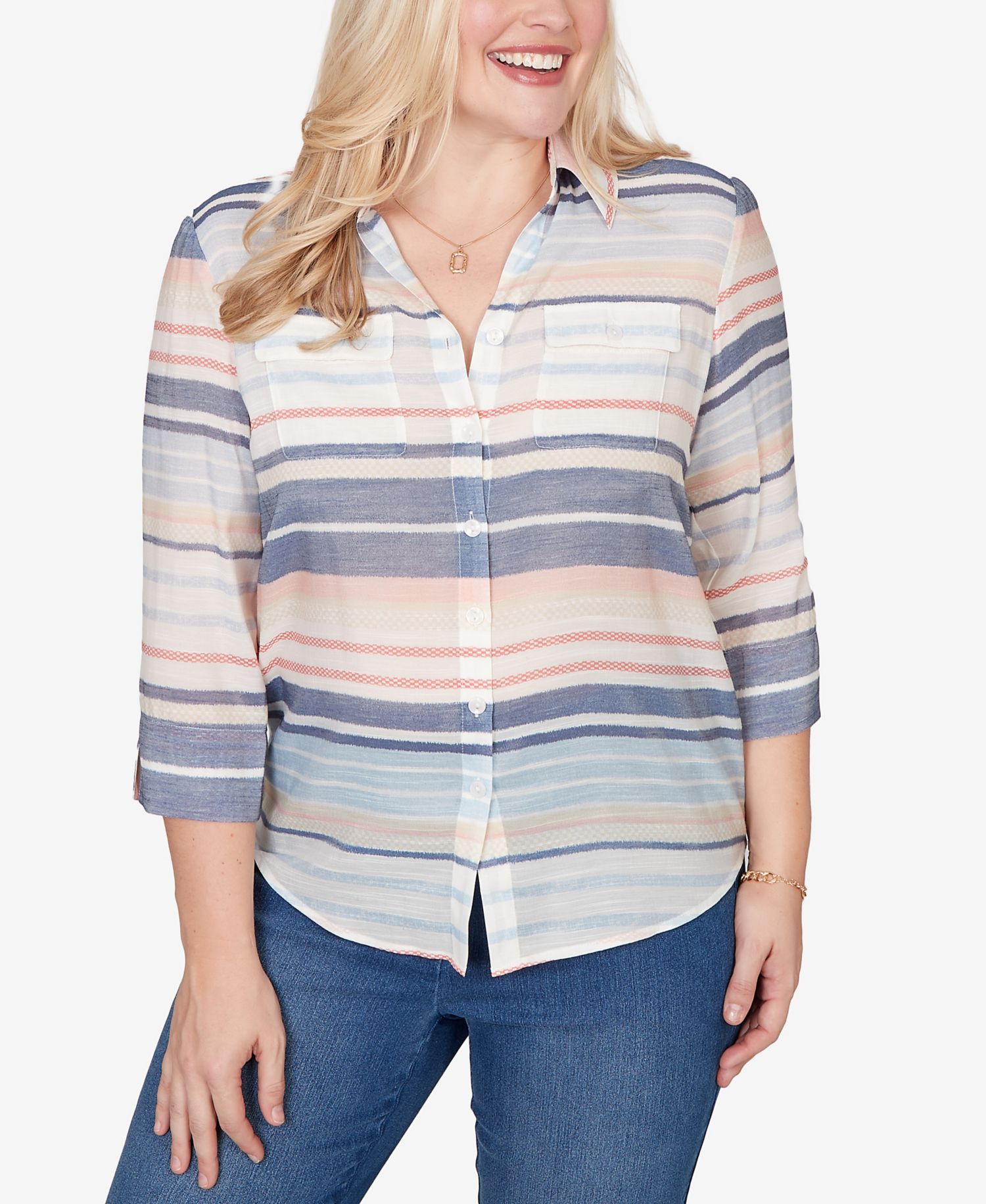 Women's Port Side Textured Stripe Button-Front Top