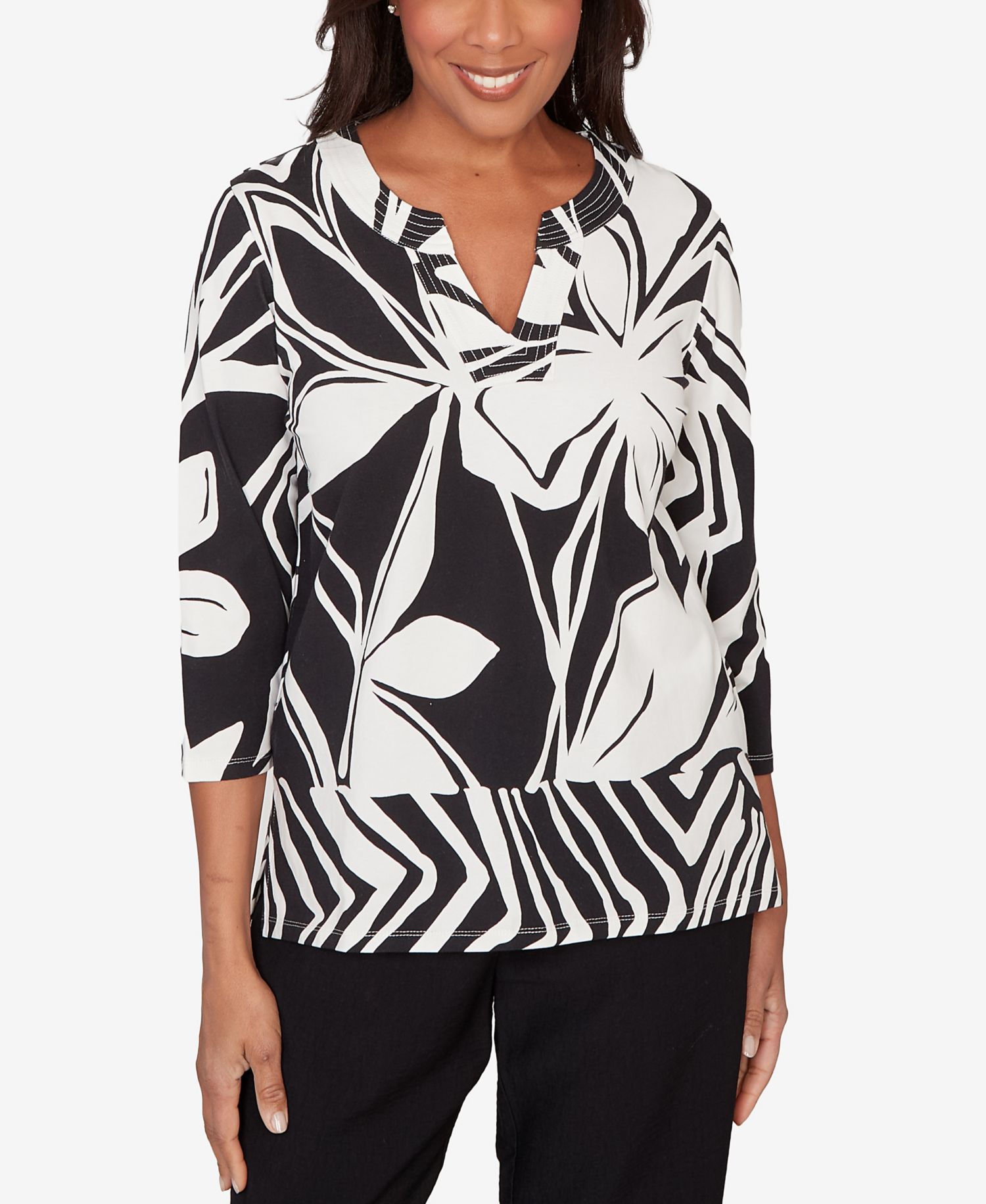 Women's Crowd Pleaser Dramatic Abstract Floral Split Neck Top