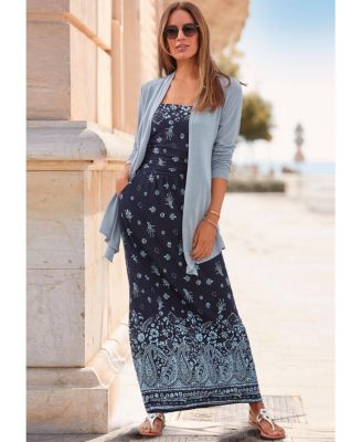 Women's Navy Printed Bandeau Maxi Dress With Pockets