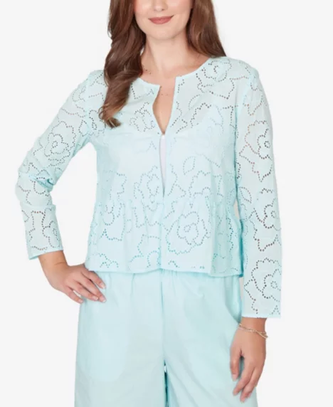 Petite Floral Eyelet Peplum Jacket - Seaglass