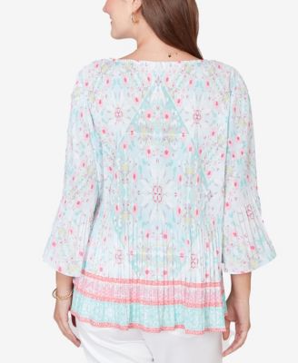 Petite Pleated Tapestry Print Bell Sleeve Top