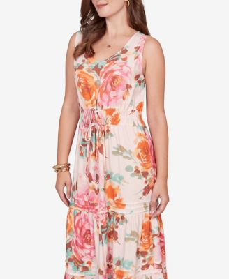 Petite Drawstring Waist Floral Linen Tiered Dress