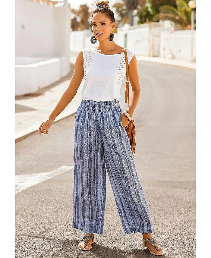 Women's Striped Wide Leg Smocked with Pockets Pants - thumbnail 7