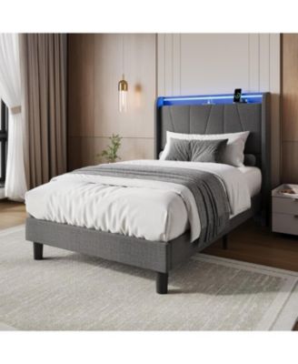 Bed Frame with Charging Station and LED Lights, Modern Platform Bed with Wooden Slats, Upholstered Headboard, No Box Spring Needed