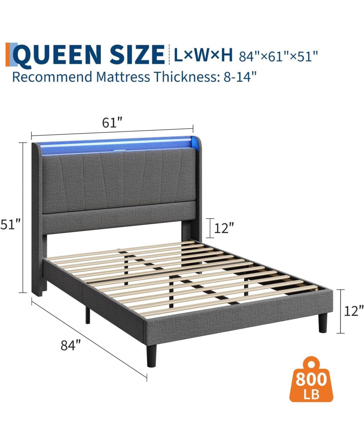gaomon Bed Frame with Charging Station and Led Lights, Modern Platform Bed with Wooden Slats, Upholstered Headboard