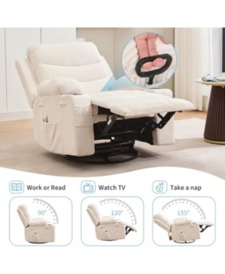 Nursery Recliner Chair, Oversized Corduroy Manual Glider with 360° Swivel, Rocking, Massage & Heat